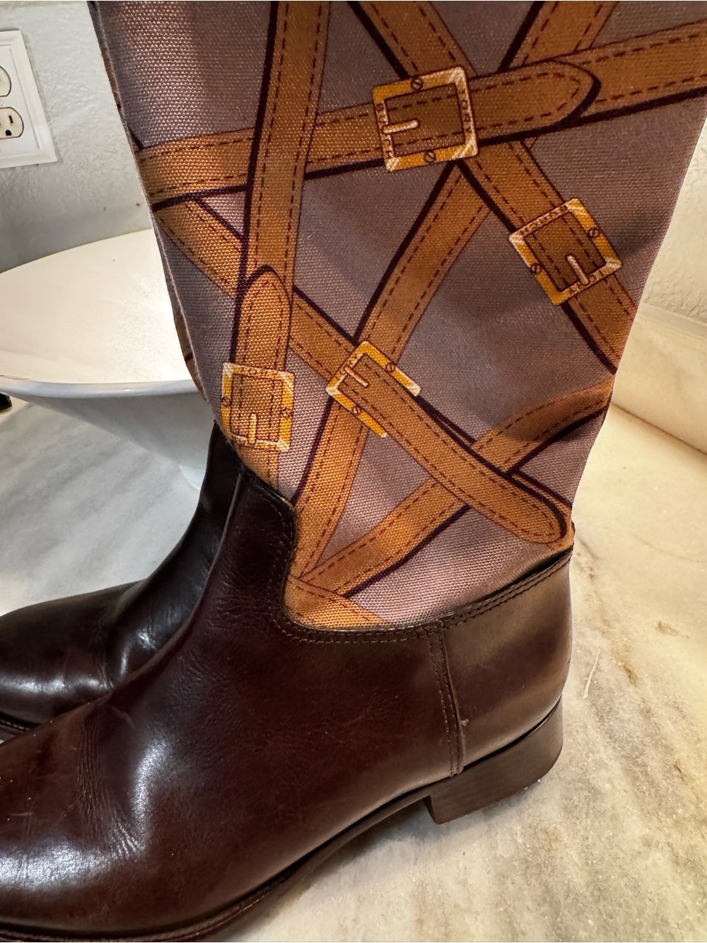 Tory Burch Brown Leather Boots with Tan Buckle-Print Shaft